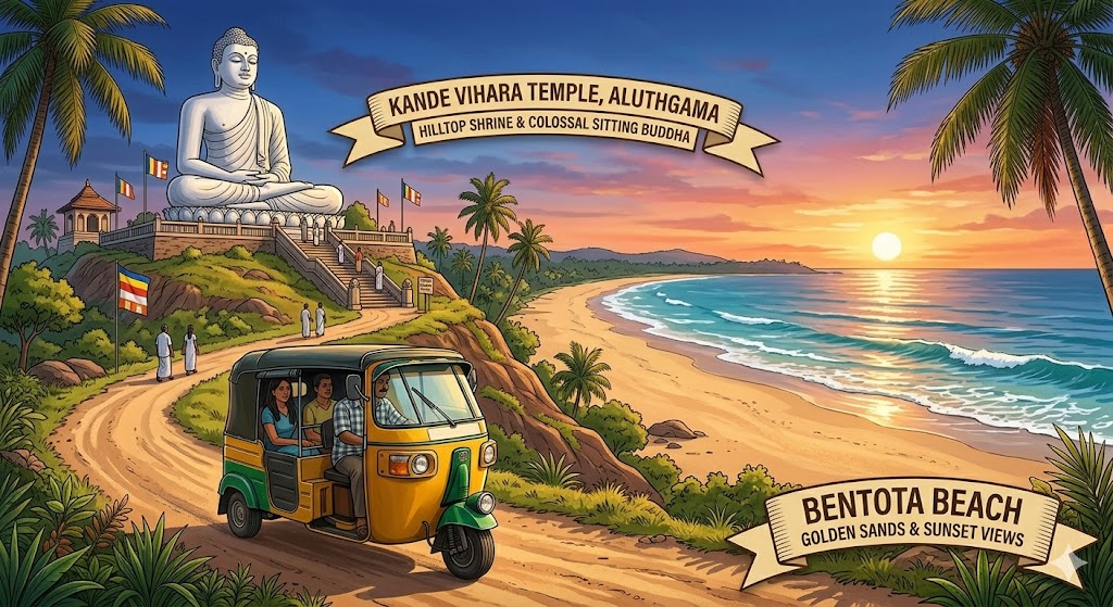 Bentota Beach golden sands gentle ocean waves at sunset Sri Lanka, Kande Vihara Temple large sitting Buddha statue